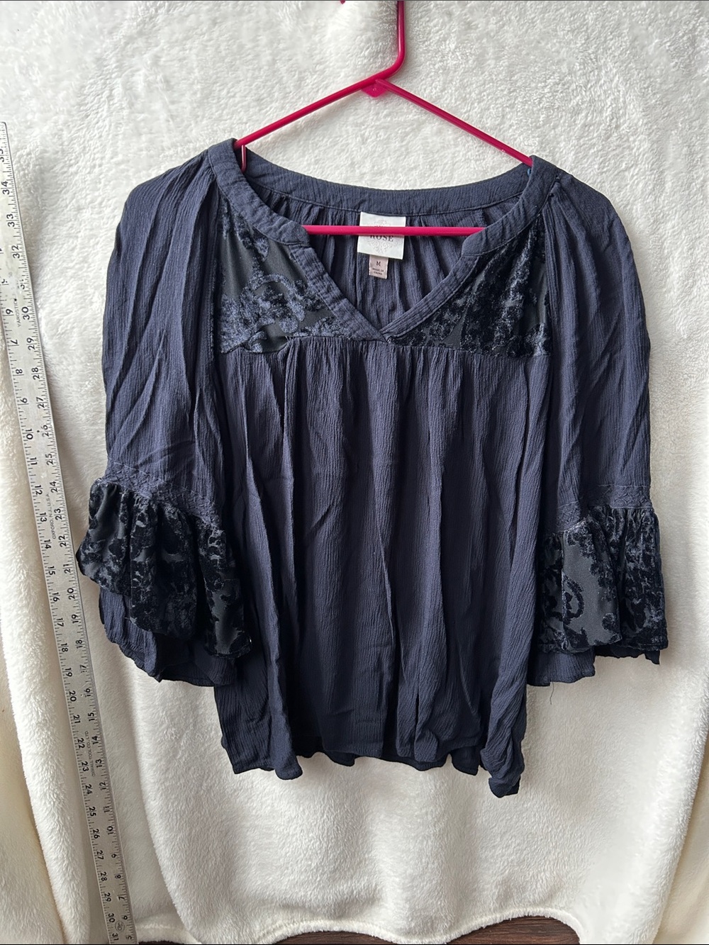 Knox rose v neck Dark Blue Velvet-Trim Peasant Blouse